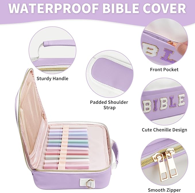 KOPKOFT Bible Cover Case for Women, Large Chenille Letter Leather Bible Case with Bible Study Accessories, Bible Study Supplies Bible Journaling Kit, Christmas Christian Gift for Women Girls (Purple)
