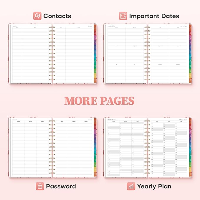 2026 Planner Weekly and Monthly, Jan.2026 - Dec.2026, Hardcover Calendar 2026 Agenda Daily Planner Book Spiral Notebook with Monthly Tabs, 6.1" x 8.3", Pink Bow