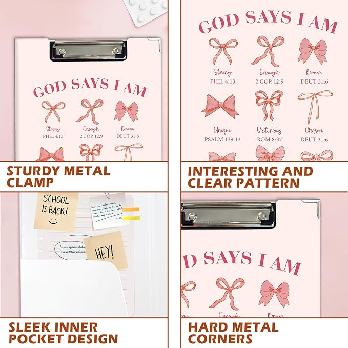Lacama Bible Clipboard for Women Girls, Inspirational Christian School Supplies, Coquette Preppy Pink Bow God Says I Am Clipboard for Office Classroom Desk 12.4x9.25 in