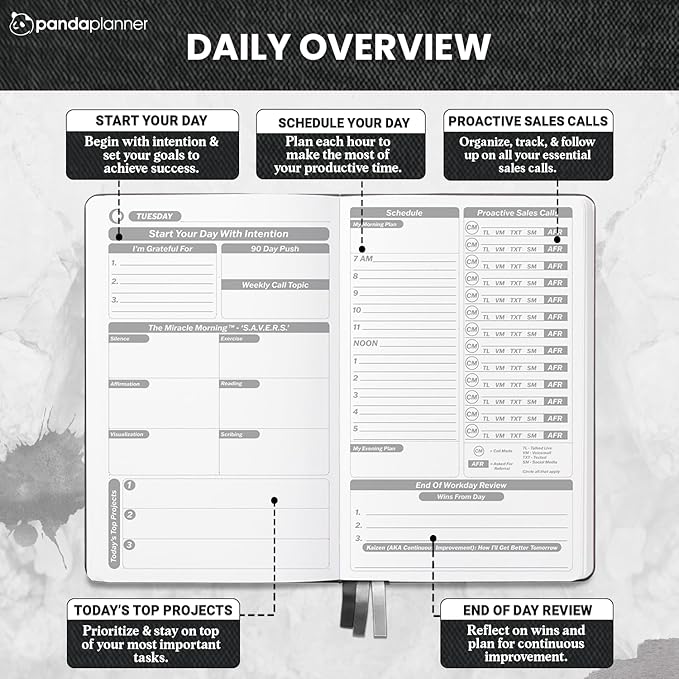 Planner 2026 – Panda Planner Sales Pro Daily Planner for Professionals | Undated 90-Day Productivity, Goal & Sales Tracker | Work Planner with Monthly, Weekly & Daily Layout | Black