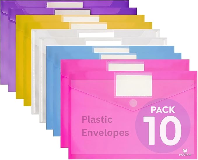 10 Pack Plastic Envelopes, Folders for Documents, Poly Envelopes A4/US Letter Size, Plastic File Folders with Label Pocket, File Envelopes for School, Office & Home, 5 Assorted Colors