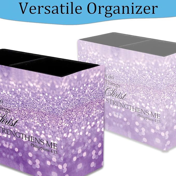 Pen Holder, Pencil Case, Makeup Brush Storage Box, Tableware Storage Box, Suitable for Office Or Home Item Organizing Stand - Purple Glitter Quote Philippians 4-13