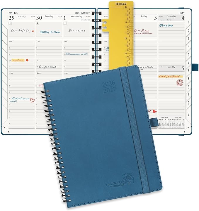 POPRUN Planner 2026-2027 (Medium - 6.5'' x 8.5'') Academic Weekly Calendar (July 2026 - June 2027) with Hourly Time Slots, Monthly Tabs, 100GSM Thick Papers, Spiral Leather Cover - Night Sky Blue