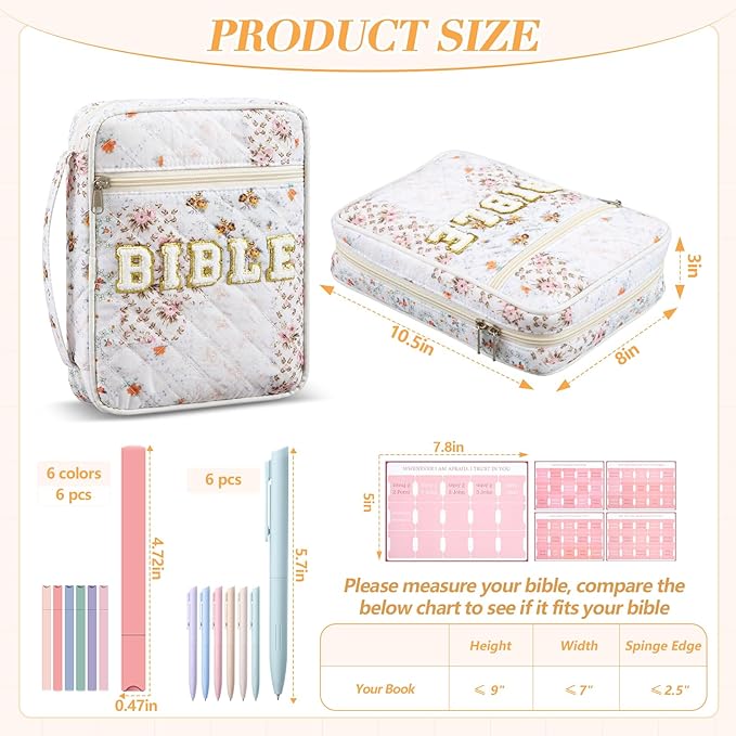 Sinload Quilted Bible Cover Case for Women Large Carrying Bag with Organizer Tabs 6 Colored Pens 6 Highlighters Book Tote Bags with Handle Bible Carry Supplies Christian Gifts(Colorful Floral)