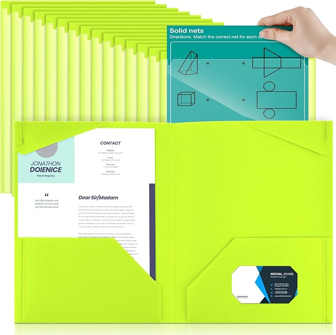 Henoyso 36 Pack Fluorescent Green Plastic Folders with Clear Front Pockets Heavy Duty File Folders with 2 Pockets and Card Slot for Student Communication School Office Presentation Report