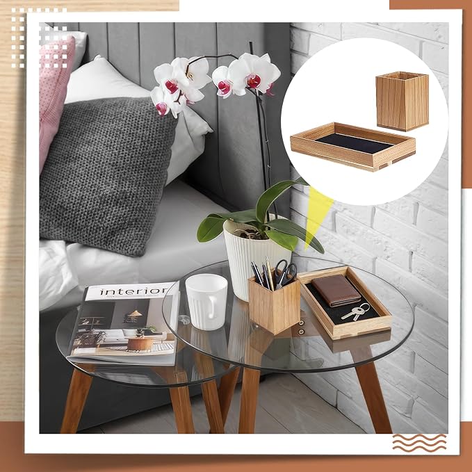 Acacia Wooden Desk Organizer Tray with Pen Holder, Non-Slip Desk Tray and Pencil Holder Set with Felt Lined, Office Desktop Accessories for Keys, Pen, Watch Home Workspace Organization