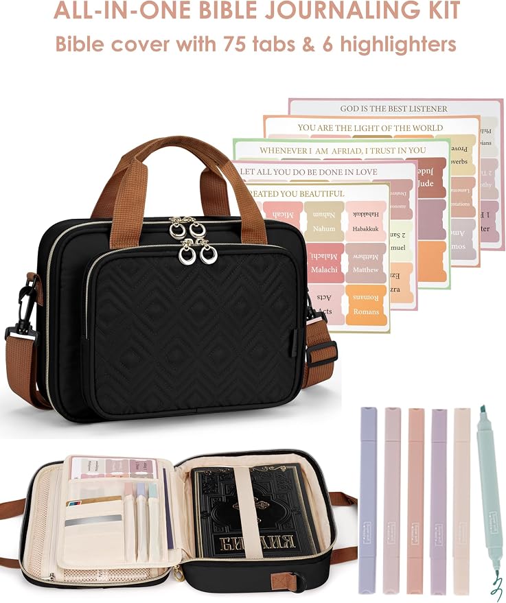 Heouvo Bible Cover Case for Women, Large Bible Bag Carrying Case with Shoulder Strap, Bible Study Supplies Bible Journaling Kit Book Carrying Case with Bible Highlighters Tabs Gift for Lady (Black)