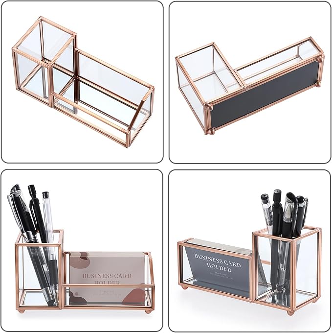 Hipiwe Glass Business Card Holder Stand Metal Pen Pencil Storage Holder for Desk Clear Business Card Display Organizer Case for Office Home Desktop,Rose Gold