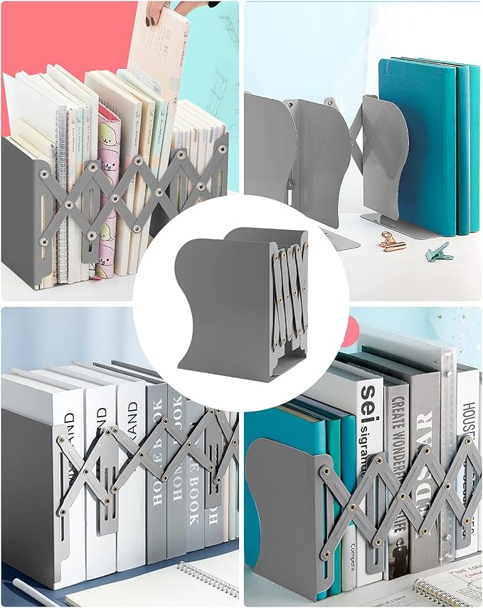 MSDADA Adjustable Bookends, Book Ends for Heavy Books, Expandable Book Organizer for Desk, Shelf, Office, School, for 6 7 8 9 10 11-15 Boys and Girls, Extends up to 19 inches (Grey)