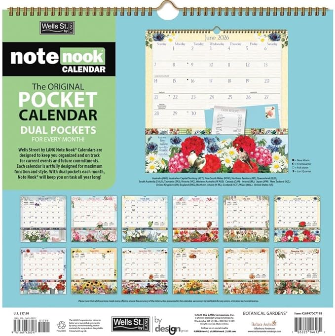 WSBL Botanical Gardens 2026 Note Nook Wall Calendar – 12-Month Organizer Calendar with Dual Storage Pockets, Floral Artwork by Barbara Anderson, 12″ × 12.125″