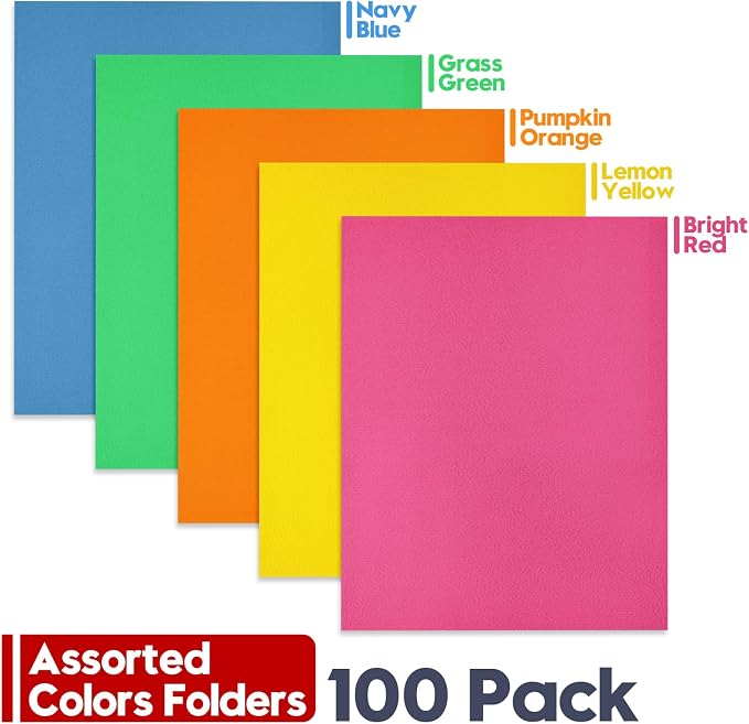 100 Pack Multicolor Paper Pocket Folders, 2 Pocket File Folders Letter Size, Heavy Duty Bulk Folders with Business Card Slot for Office, Classroom and School, Business, Home Use, Assorted 5 Colored