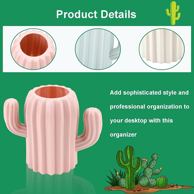 Ragyzity Cactus Pen Holder - Creative Container Stationery Storage Box, Desktop Supplies, Cosmetic Makeup Brush Holder for Student (Beige)