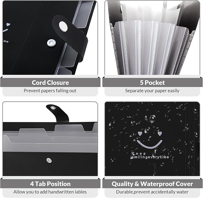 SKYDUE File Folder with 8 Labels, 5 Pockets Accordion Paper Organizer for School and Office，A4 Letter Size，Black