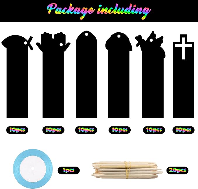 CY2SIDE 60PCS Religious Scratch Bookmarks, DIY Crosses Rainbow Color Paper Cards Craft Kits for Christian Sunday School Church, Easter Magic Art Project for Vacation Bible Classroom