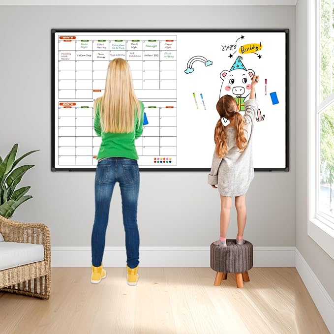Large Magnetic Dry Erase Calendar Whiteboard Combo 72" x 40", 2 Month Whiteboard Calendar & Dry Erase Board for Wall, Wall Mounted Board with 2 Erase, 10 Marker, 12 Magnet