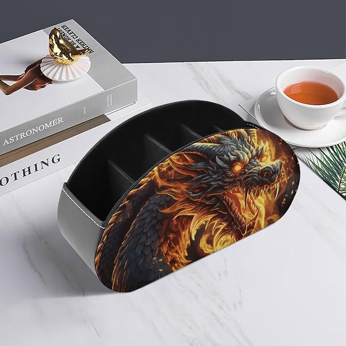 Pu Leather Remote Control Holders Waterproof TV Remote Holder with 5 Compartments Fire Chinese Dragon Remote Caddy Box Desktop Storage Organizers for TV Remotes/Media Controllers/Office Supplies