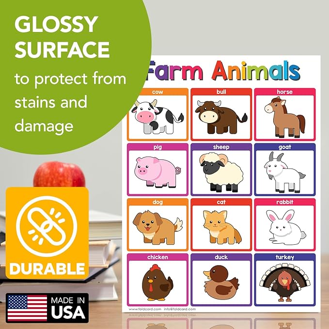 Educational Charts for Preschool to Grade 1 – Bright and Colorful Educational Visual / Learning Aid Wall Art Posters for Classroom | Glossy Durable Cardstock | 8.5" x 11" | 5 per Pack (Farm Animals)