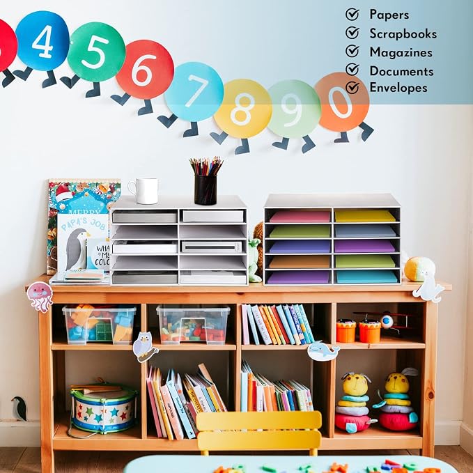Fuutreo 2 Pcs Construction Paper Storage, Classroom Mailboxe, Back to School Literature Sorter, Sturdy Cardboard Paper Organizer for Teacher, Student, Office, 29.5" x 14.2" x 12.4"(10 Slots,White)