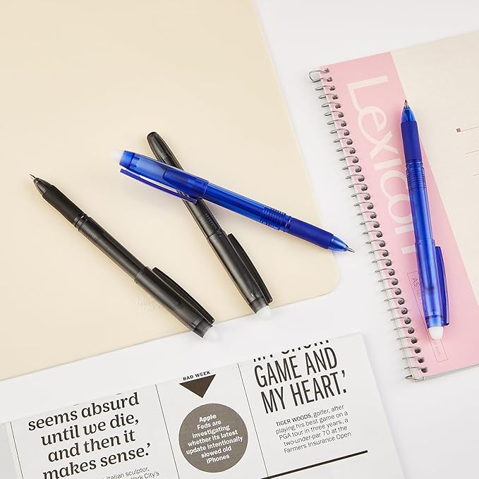 Volcanics Erasable Gel Pens, 0.7mm Fine Point Gel Erasable Ink Pens with Eraser - Rocket Book Pens, Soft Black and Blue, 12 Pack, Smooth Writing Pens Pencil-Like Precision for Home School & Office