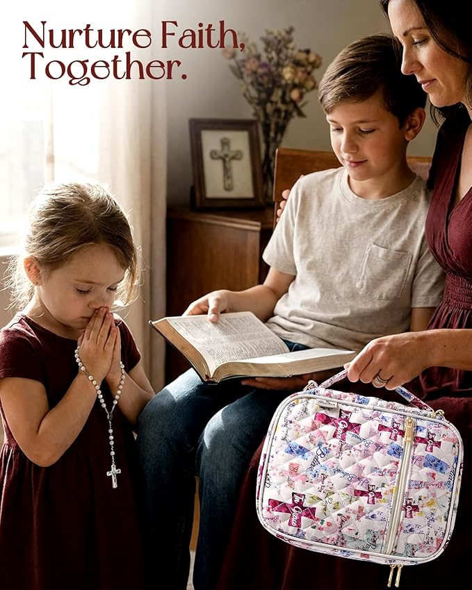 Miss Adola Bible Cover Case for Women - Quilted Bible Carrying Case Organizer Study Bag with Zipper Handle and Shoulder Strap Purple Cross Book Cover for Teen Girls