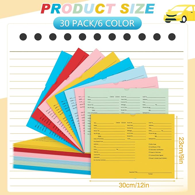 Watersay 30 Pcs 9 x 12 in Vehicle Dealer Jackets for Car Sales 32lb Colored Printed Deal Envelopes Dealership Supplies File Jackets Automotive Folders for Car Dealerships (Classic,Colorful)