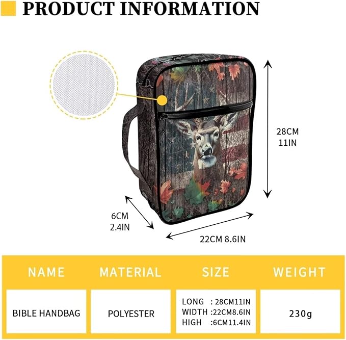 Suobstales Deer Camo Print Bible Covers for Women Men Bible Case Wood American Flag Design Bible Bag Bible Accessories with Handle and Zippered Pocket Bible Tote Bag for Women Men