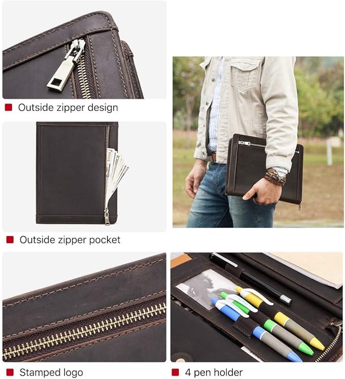 Leather Portfolio Padfolio for ipad Pro 11" Genuine Leather Smart Folio for 11-inch ipad pro 11 case with Pencil Holder Zipper Pocket Multifunctional Case for iPad 11/iPad 10.5/iPad 9.7