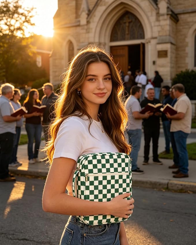 Bible Cover case for Women,Large Bible Bag,Bible Study Supplies,Checkered Corduroy Bible Case for Girls,Christian Gifts for Women,Mother's Day(Green Large)