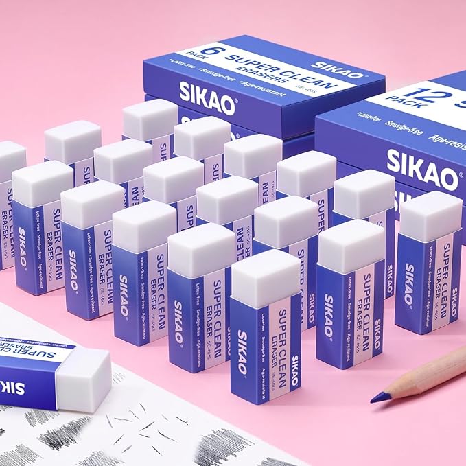 White Erasers, 12 Pack Block Pencil Erasers – Smudge-Free Latex-Free, Erasers for Kids School Supplies, Clean Erase for Homework, Office & Drawing (Art Use)