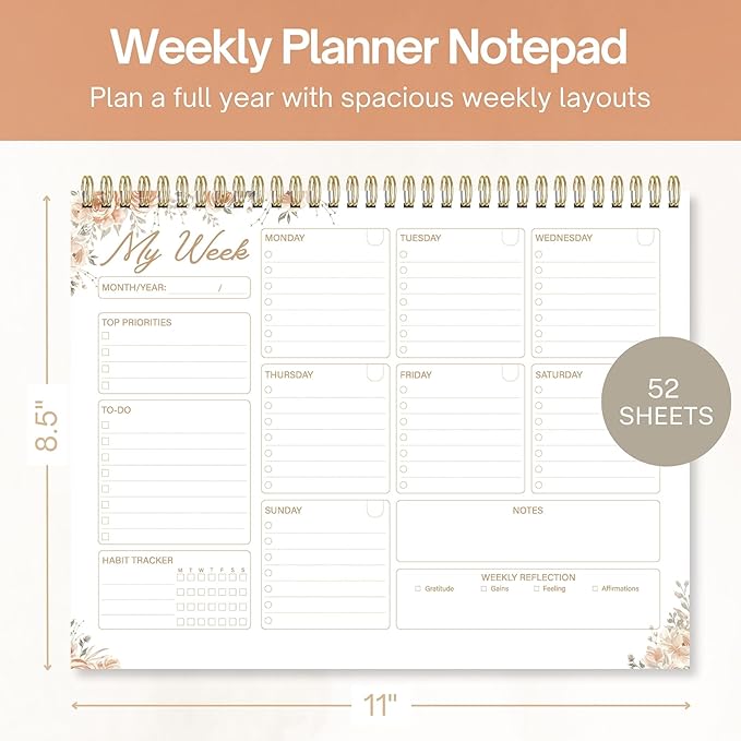 Weekly Planner Notepad 8.5x11 Inches – 52 Weeks Undated Dashboard Desk Pad for To-Do List, Schedule & Notes – Productivity Planner for Work, School, Home & Busy Professionals (Blush Pink)