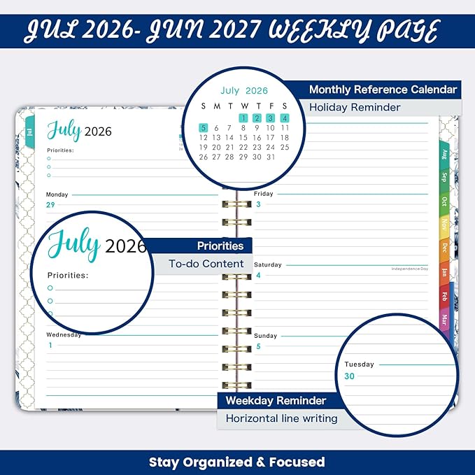 2026-2027 Planner - 6.4'' x 8.5'' Jul. 2026 - Jun. 2027, 2026-2027 Weekly & Monhtly Academic Planner Spiral Bound,with Sturdy Cover, Monthly Tab, Inner Pocket, Elastic Closure