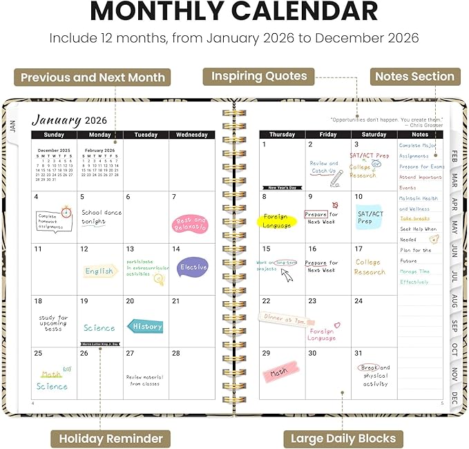 2026 Planner, Weekly and Monthly Planner for Women, January 2026 - December 2026, Hardcover 2026 Calendar Planner Book with Tabs, Inner Pocket, Spiral Bound, Perfect for Office Home School Supplies - A5 (6.3" x 8.5"), Petal Art