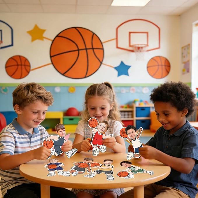 Whaline 50 Pcs Basketball DIY Cutouts Sports Ball Cut-Outs Basketball Player Paper Cutting with 100 Pcs Glue Points for Crafts Birthday Party Classroom Bulletin Board Photo
