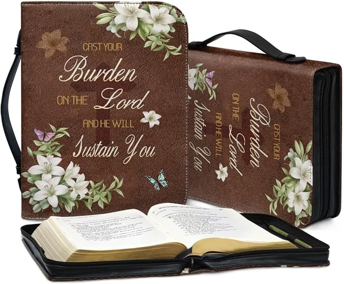 Retro Style Lily and Cross Bible Case with Bookmark Waterproof Bible Cover Case for Women Lightweight Bible Bag with Handle Pockets Church Book Bag Brown