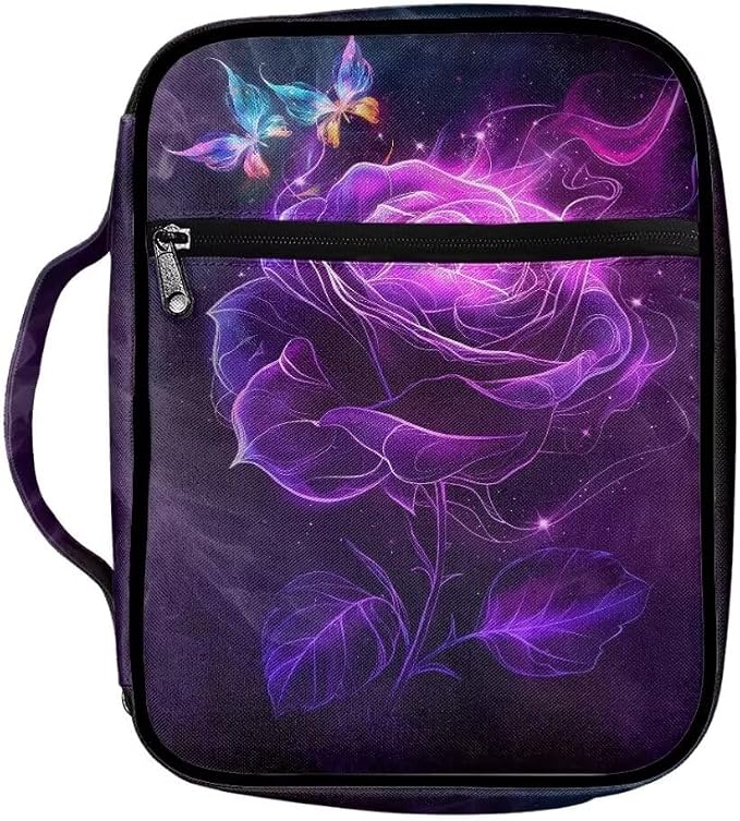Coldinair Purple Rose Bible Cover Case for Women,Carrying Book Cover Bible Holders with Handle and Zippered Pocket,Fits for Standard/Large Size Bible