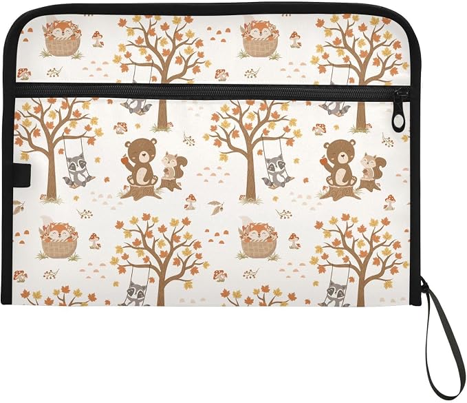 Cute Woodland Animals Beige File Folders,Plastic Folders with 13 Pockets,Expandable File Folder for Documents School Students Office,Aesthetic Folder with Labels A4 Letter Size