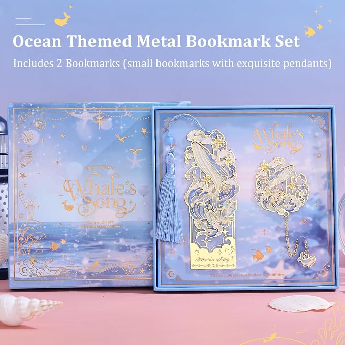 2 Pcs Metal Bookmark Gift Box, Golden Hollow Bookmarks Ocean Painting Theme Book Mark for Women, Book Lovers Writers Readers and Teens, Perfect for Birthday and Graduation Gifts(Blue)