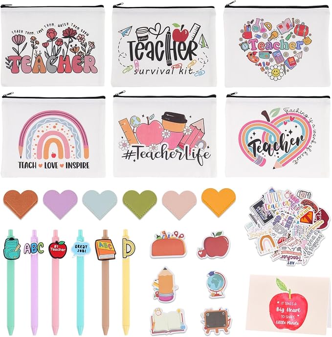 30Pcs Teacher Appreciation Gifts In Bulk With Makeup Bag Pen 50Pcs Stickers Sticky Notes Greeting Card Teacher Appreciation Gifts, Best End Of Year Teachers Gift For Women, Thank You Teachers Supplies