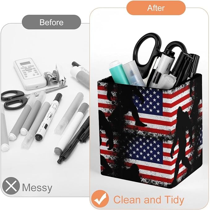 Holder Cup Makeup Brush Storage Organizer, Waterproof Multifunctional Office Supplies, Pen Holder Square Leather Pencil Sasquatch American Flag