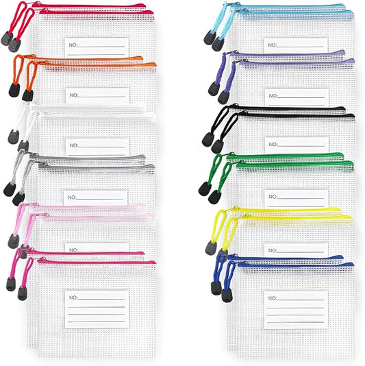BOPART 24pcs Small Mesh Zipper Pouch 6.3x4.9 Inches Waterproof Zip Mesh Bags with Label Pocket for School Office Supplies & Cosmetics Travel Accessories