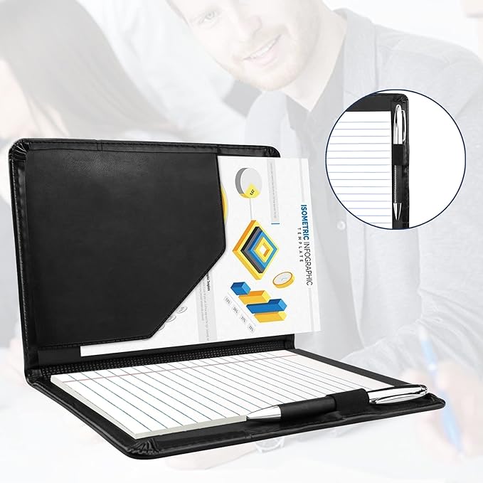 Classic Padfolio/Junior Portfolio Folder Case, Business A5 Binder Organizer Notepad for Men Women, 5 x 8 Writing Pad Included,Black.