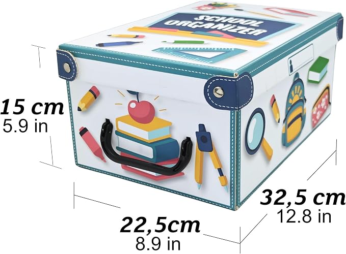 Lavatelli: School Organizer Box - Lid & Handles, Decorative Cardboard Storage, Dividers, Pen Holder, Classroom-Home-Office-Desk, 12.8 x 8.9 x 5.9