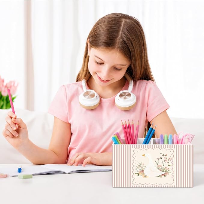 Cute Goose Pen Pencil Holder for Desk Goose Nursery Decor, Flower Geese Wooden Box Sign Desk Decor for Kids Girls Room Nursery Playroom Decoration