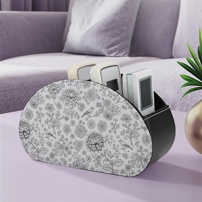 PU Leather TV Remote Organizer, 5-Compartment Desktop Caddy for Media Controllers, Office, and Living Room, Flower Bird Floral