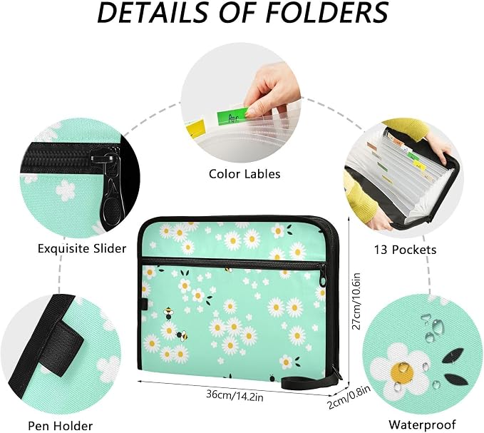 Cartoon Bees Daisy Flower 13 Pockets Expanding File Folder with Sticky Labels Accordion File Folder Document Organizer Letter Size A4 Papers Expandable File Keeper