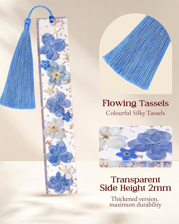 Buleens 2PCS Bookmarks for Women - Pink Blue Book Marks for Readers Book Lovers, Personalized Handmade Dried Flower Resin Pressed Flowers Bookmark with Tassels, Pretty and Aesthetic