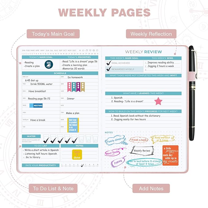 Undated 12 Month Planner Hardcover (5.5x8.5") - Weekly & Monthly Academic Life Organizer, Productivity Journal, Thick Paper, Sticker, Bookmark, Pen Loop(Rose Gold)