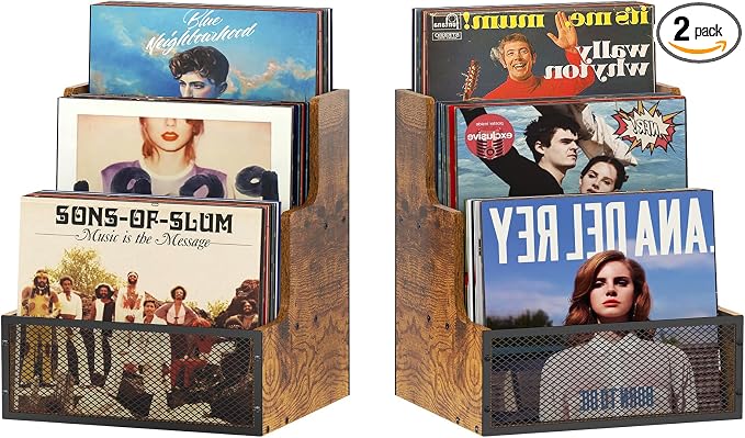 Yuzehuaza 2-Pack Vinyl Record Storage, Stepped 3 Tier LP Vinyl Record Crate, Vinyl Record Album Holder, Holds up to 120 Records, Desktop Metal & Wooden Record Box Case Crate