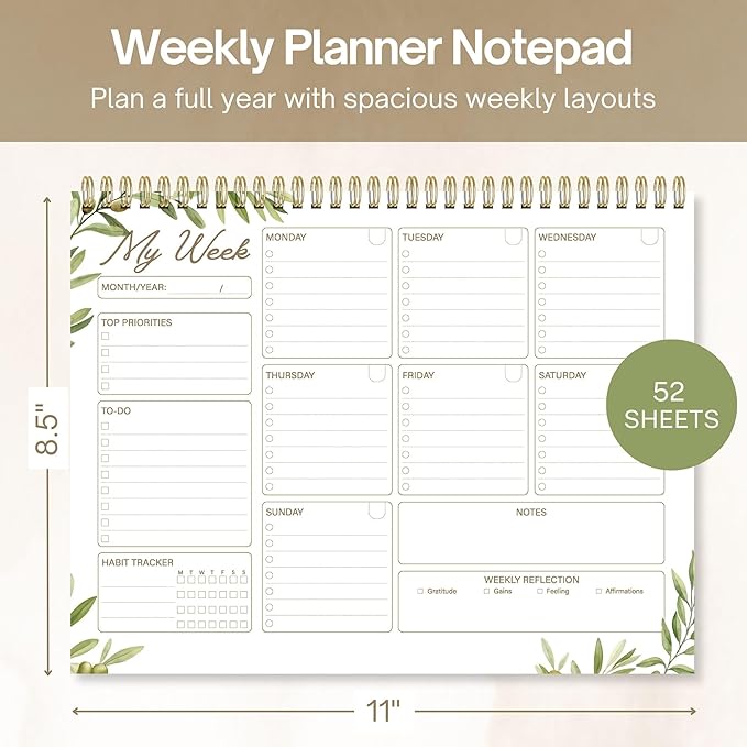 Weekly Planner Notepad 8.5x11 Inches – 52 Weeks Undated Dashboard Desk Pad for To-Do List, Schedule & Notes – Productivity Planner for Work, School, Home & Busy Professionals (Sage Green)