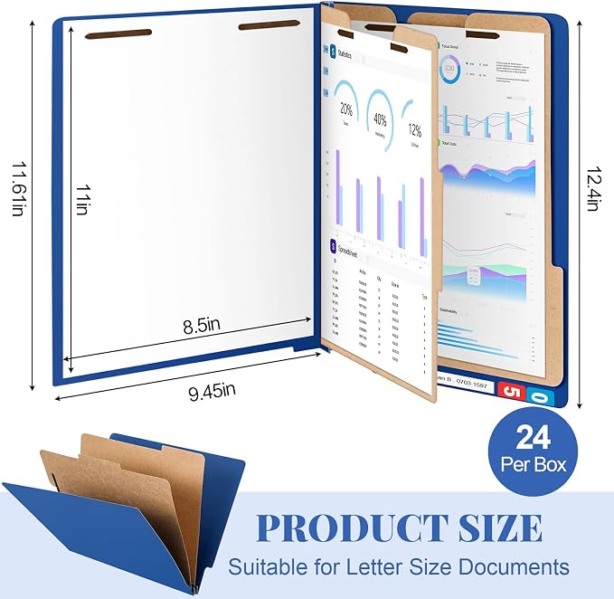 24 Pcs Classification Folders Letter Size, 2 Dividers Pressboard File Folder Bulk with Fasteners, Expanding File Organizer for Teachers, Clergy, Office, Church Christmas Donations(Dark Blue)
